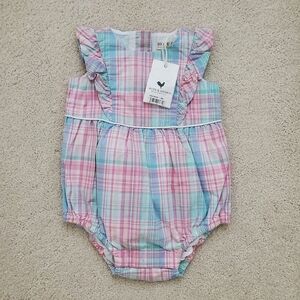 NWT Hope and Henry Baby Girls Organic Cotton Plaid Ruffle Bubble Romper Sz3-6m